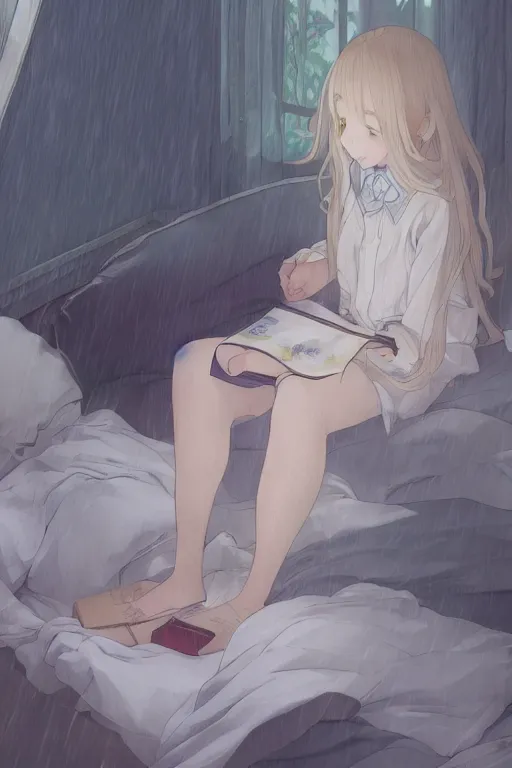 Prompt: a loli in a jk uniform outfit in the bedroom reading a book in a night, raining outside the window, dark and grey theme ， wavy white long hair, by krenz cushart and mucha and akihito yoshida and greg rutkowski and makoto shinkai, detailed eyes, 4 k resolution