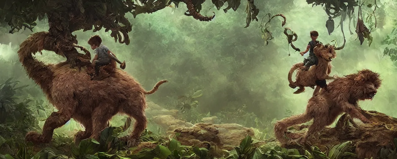 Image similar to an intricate concept illustration of a boy riding on fluffy creature exploring the jungle, artstation, fantasy, hyper realistic, concept art, art by dylan cole, cinematic lighting, fantasy color palette