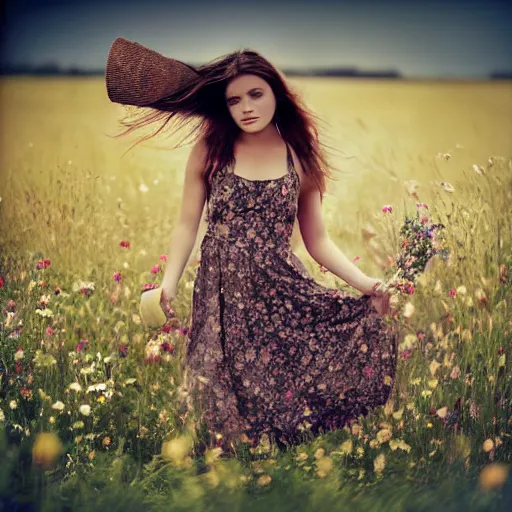 Prompt: pinhole lens photograph of a beautiful female teen with long brown hair wearing a floral sleeveless strappy sundress and holding a suitcase while running through a field of grass and flowers at dusk, hyper realistic, insanely detailed, hdr, tintype, deckle edge, motion blur, long exposure, by francesca woodman The seed is [1487075990]