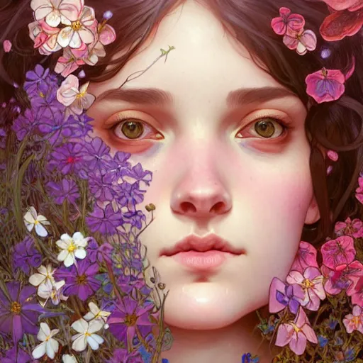 Prompt: Portrait of a girl surrounded by flowers, face, fantasy, intricate, elegant, highly detailed, digital painting, artstation, concept art, smooth, sharp focus, illustration, art by Fernanda Suarez and Artem Demura and alphonse mucha