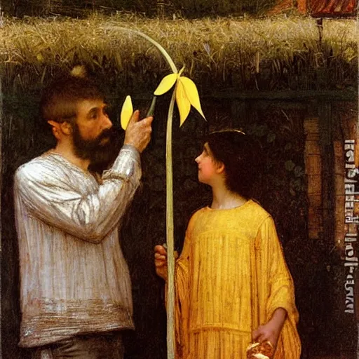 Image similar to father and son hold a lulav and citron in a sukkah, golden hour, painting by john william waterhouse, highly detailed