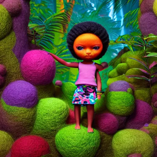 Prompt: symmetry!, wide angle dynamic portrait of a chibbi black girl with a colorful afro in a futuristic jungle heaven zen garden, macrophotography, felt texture, amigurumi by mark ryden and todd schorr and mark davis and zdislaw beksinski in a surreal lowbrow style, digital paint, matte paint, vivid synthwave colors, breathtaking landscape