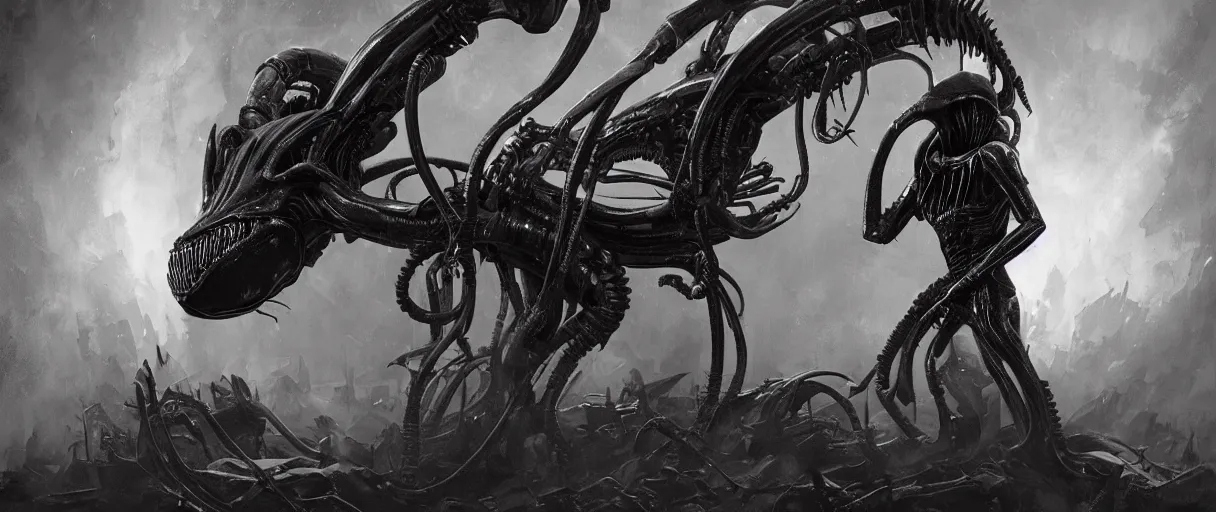 Image similar to duotone noir hyperreal concept illustration of black xenomorph alien by hr giger. accidental renaissance composition. cosmic horror atmosphere. cinematic volumentric lighting. by sachin teng and sergey kolesov and ruan jia and heng z. graffiti art, scifi, fantasy, hyper detailed. octane render. trending on artstation