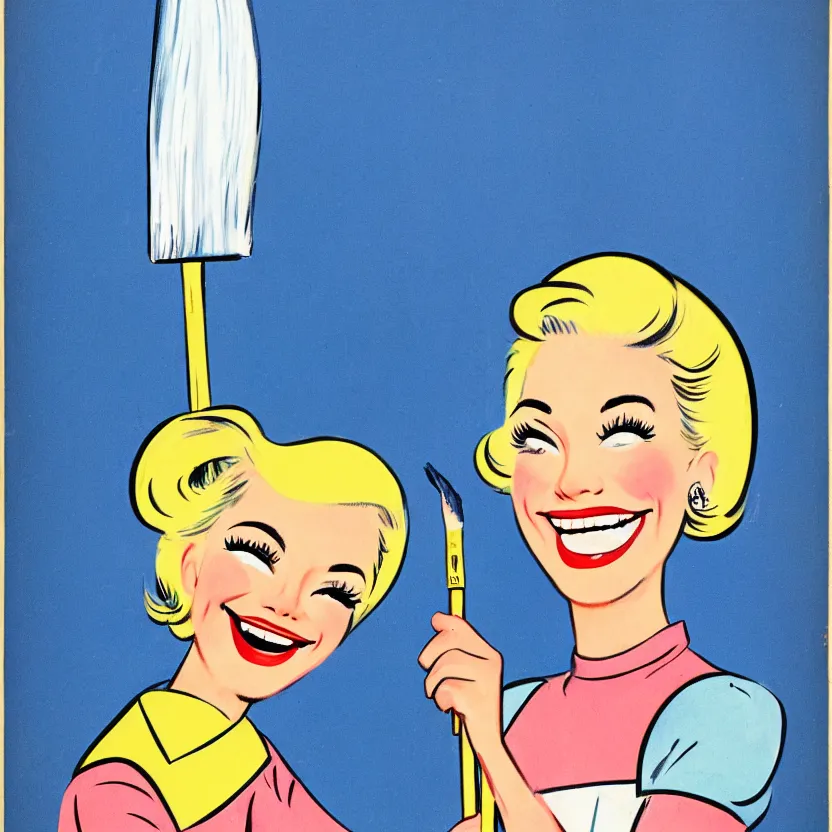 Prompt: 1 9 6 0 style cartoon of a young blonde woman smiling holding a very large pointed paint brush with her sleeves rolled up to her wrist smiling, cute art, very detailed, vivid colors, classic, 8 k,