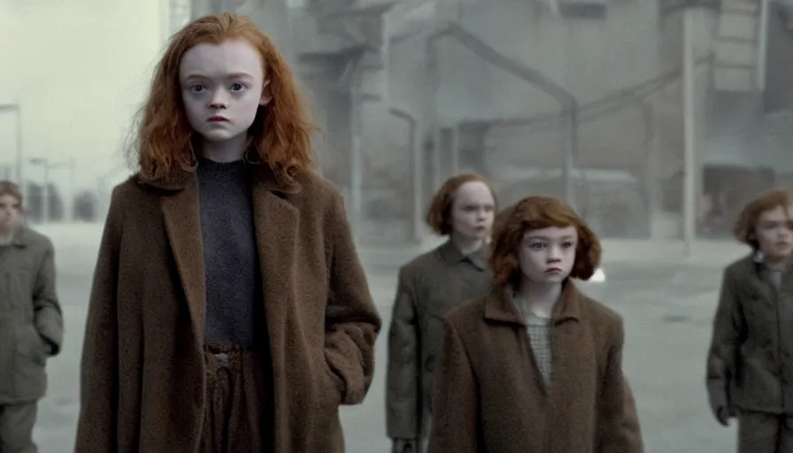 Image similar to sadie sink with trimmed hair in oversized man's coat : a still from a scifi soviet cyberpunk film from 1 9 8 0 s. by steven spielberg, robert zemeckis, francis ford coppola, james cameron. 6 5 mm low grain film stock. sharp focus, realistic facial expression, perfect anatomy, global illumination, radiant light, detailed and intricate environment, trending on artstation