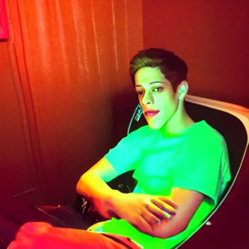 Image similar to pete davidson watching movies in the dark wearing neon clothes