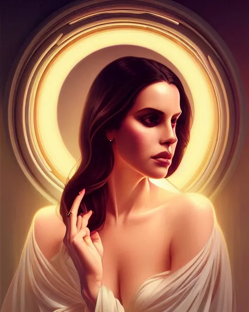 Prompt: symmetry portrait of lana del rey, glam, deco, glowing lights intricate, elegant, highly detailed, digital painting, artstation, concept art, smooth, sharp focus, illustration, art by artgerm and greg rutkowski and fra angelico and alphonse mucha