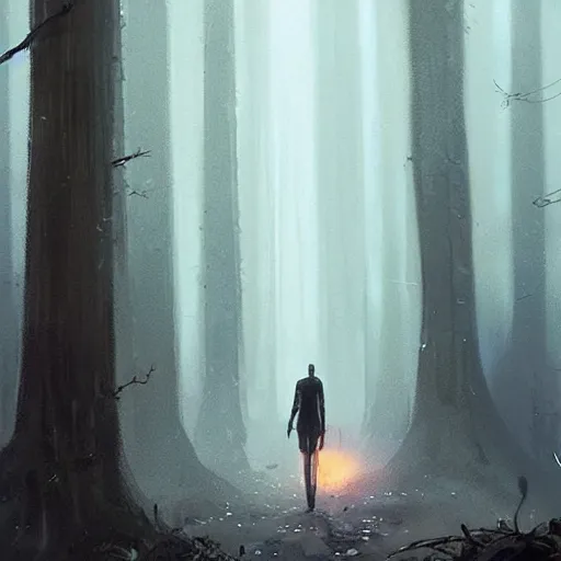 Image similar to concept art by greg rutkowski, a very tall and slender young man walking with a very tall and slender woman through a forest of giant trees, dark atmosphere, surrounded by fireflies, detailed portraits, disturbing atmosphere, scifi, digital painting, artstation, concept art, smooth, sharp foccus ilustration, artstation hq