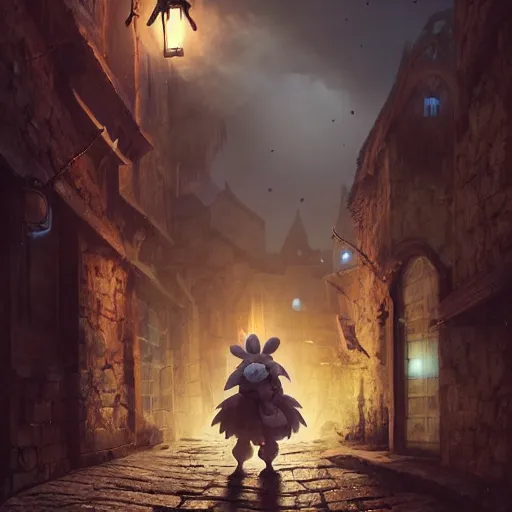 Image similar to A Moogle from Final Fantasy video game sneaking through the streets of a medieval village at night, glowing lights, oil painting, Greg Rutkowski, Charlie Bowater, Beeple, unreal 5, DAZ, hyperrealistic, octane render, RPG portrait, dynamic lighting, fantasy art, beautiful face