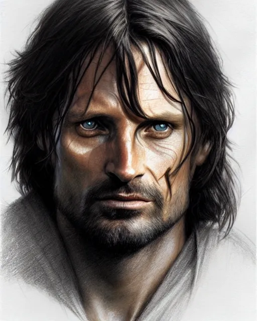 Prompt: aragorn human ranger | | pencil sketch, realistic shaded, fine details, realistic shaded lighting poster by greg rutkowski, magali villeneuve, artgerm, jeremy lipkin and michael garmash and rob rey