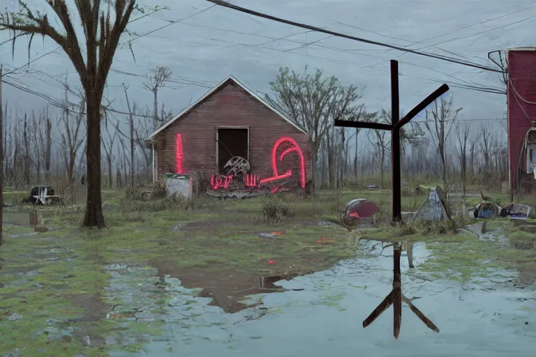 Image similar to scene fromlouisiana swamps, old protestant church with neon cross, junkyard by the road, boy scout troop, voodoo artwork by tim eitel