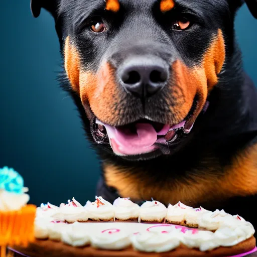 Image similar to a high - quality photo of a rottweiler with a birthday cake, 4 5 mm, f 3. 5, sharpened, iso 2 0 0, raw, food photography