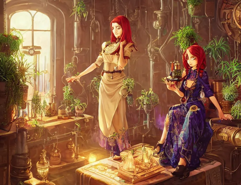 Prompt: middle eastern scifi alchemist in a well lit study with crystals and potted plants, wearing a lovely dress with steampunk details. this oil painting by the award - winning mangaka has an interesting color scheme and impeccable lighting.