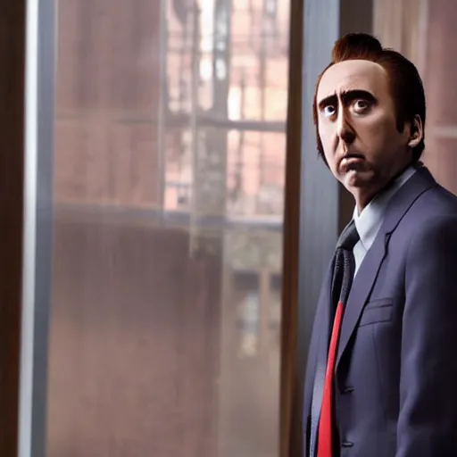 Image similar to nic cage as phoenix wright, ave attorney, movie still, hd digital photography