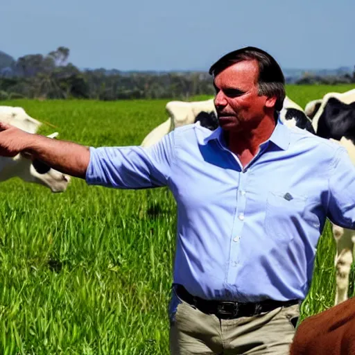 Image similar to bolsonaro holding hands with lula on a sunny farm field with visible cows and donkeys in the background , high definition, 4k