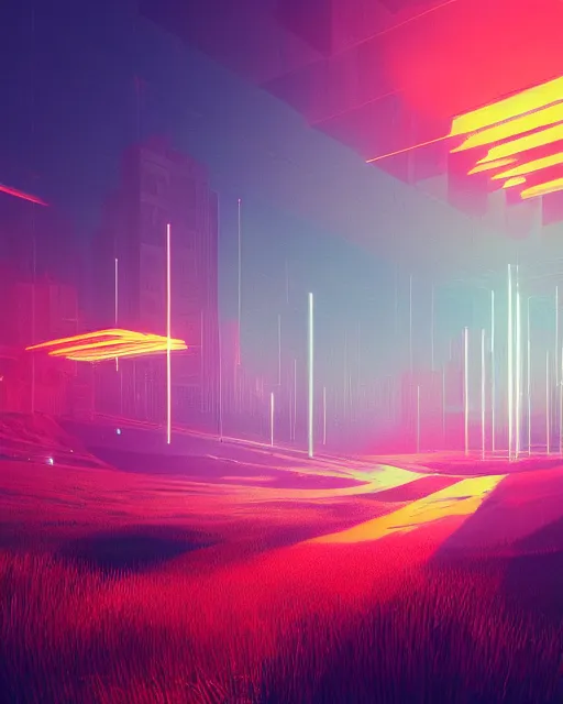 Prompt: Minimalist simulated digital world, sparks of light, scifi, global illumination, unique landscape, fine details, perfect, 8k high detail, masterpiece, trending on ArtStation, by Alena Aenami, Petros Afshar, Liam Wong