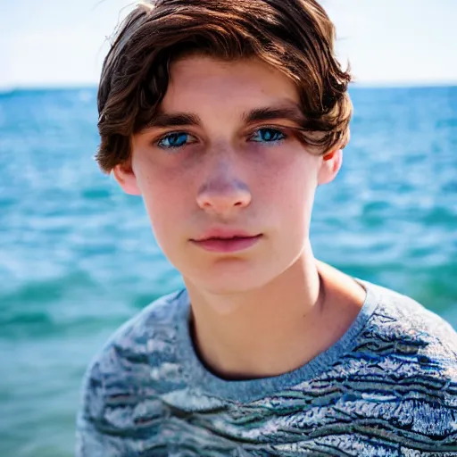 Image similar to beautiful teenage boy, around 22 yo, natural brown hair sitting on a deckchair on the beach facing the camera. Detailed face, blue sky. Award winning photograph.