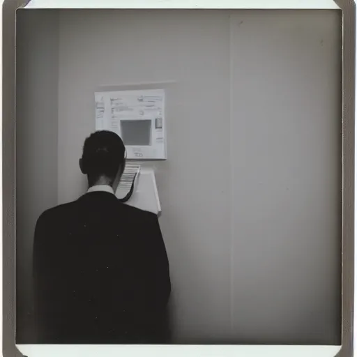 Prompt: a polaroid photo of a a computer checking its man checking his emails from the point of view of a computer screen