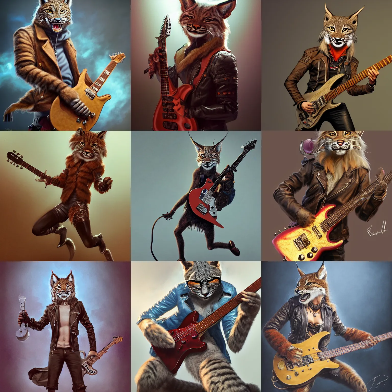 Prompt: an anthropomorphic lynx playing an electric guitar, leather jacket, fursona, dynamic, 3 d render, hyper - realistic detailed portrait, fantasy, magic the gathering, hyper detailed, octane render, concept art, wlop, artgerm, greg rutkowski, peter mohrbacher, raymond swanland