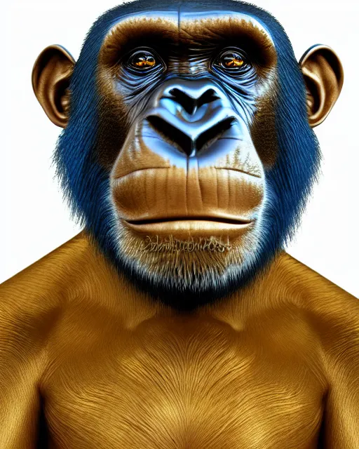 Image similar to gold, blue, head to shoulders illustration of a chimpanzee, 3 d, 8 k, extremely detailed, artstation