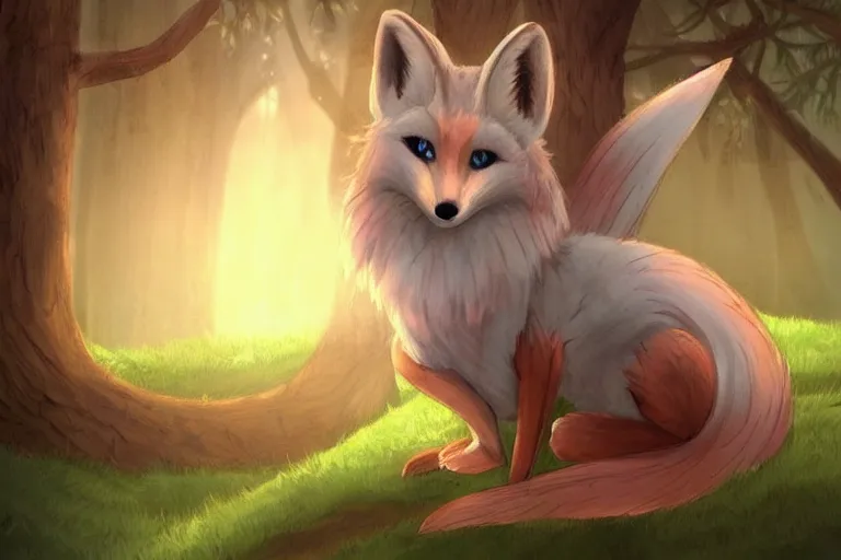 Image similar to a pretty medieval anthropomorphic fox with a fluffy tail in the forest, comic art, trending on furaffinity, cartoon, kawaii, backlighting, furry art!!!, warm shading, concept art, sunset