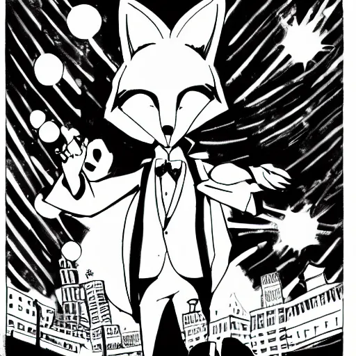 Image similar to anime ink line art of an anthropomorphic fox wearing a tuxedo as he stands on a city rooftop with a city in the background, black and white key manga visual