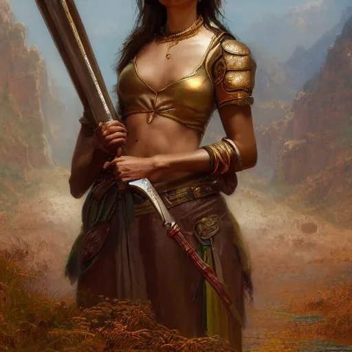 Prompt: artstation concept of a beautiful girl holding a sword in both hands, brown sweaty skin, symmetrical face, casual white garment, brown canyon background, shiny colorful, hyperdetailed, artstation trending, world renowned artists, worth1000.com, historic artworks society, antique renewel, cgsociety, by greg rutkowski, by Gustave Dore, Deviantart