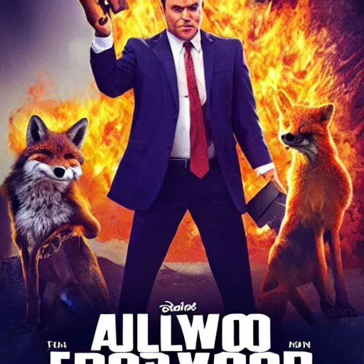 Image similar to hollywood quality poster for an action movie fearing an ahtnropomorphic male foxes in a suit stealing fried chicken, promotional media