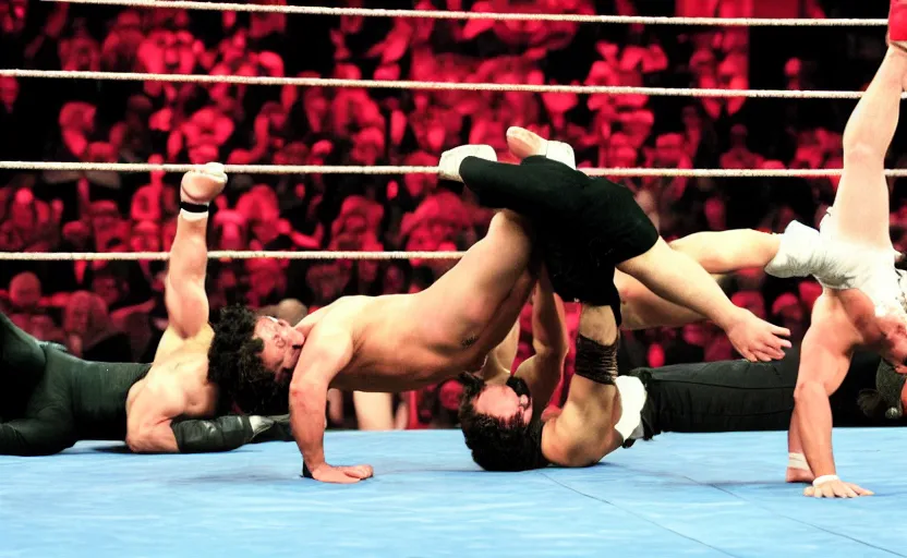 Prompt: Karl Marx performing german suplex on Friedrich Nietsche in 2014 WWE championship match, sports photo, Canon EOS 5D Mark 2, ƒ/5.6, focal length: 160.0 mm, Exposure time: 1/160, ISO: 1600