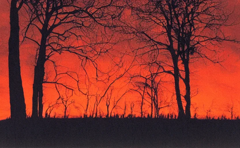 Image similar to lighthouse that shines red beam, field, night, unsettling, burning trees, photo 1998