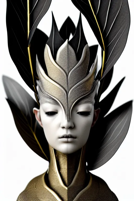 Image similar to bw close - up profile face, black background, beautiful young porcelain vegetal - dragon - cyborg - female, 1 5 0 mm, beautiful natural soft rim light, silver gold details, magnolia leaves and stems, roots, mandelbot fractal, elegant, ultra detailed, white metallic armour, octane render, dora maar