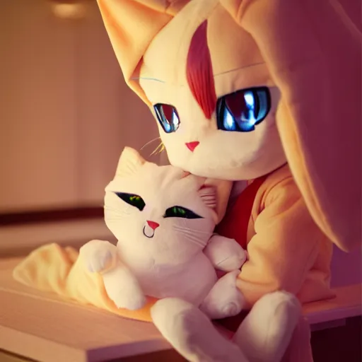 Prompt: cute fumo plush of a mischievous feline girl, anime girl, vray, lens flare