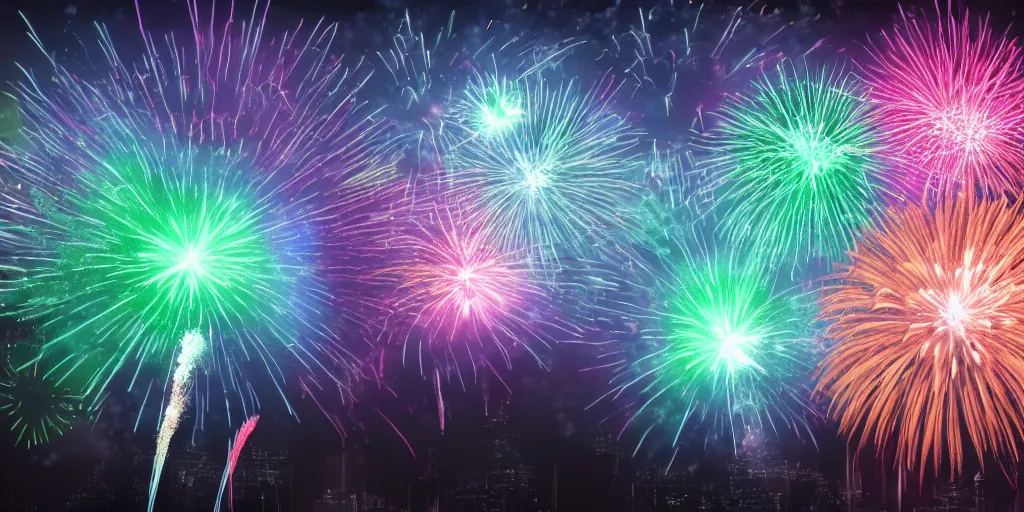 Image similar to muted rgb fireworks bursting in the sky form shapes the resemble ( ( ( baby yoda ) ) ). 8 k, 4 k, hq, 3 d render, digital art, dramatic lighting, comedy, science fiction, hyper realistic, ultra detailed.