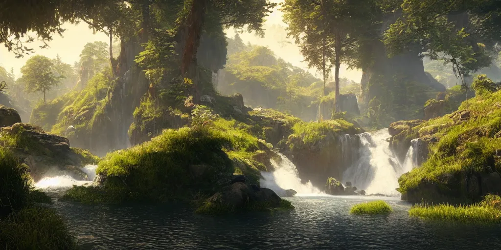 Image similar to stunning landscape, waterfall, 8 k uhd, unreal engine, octane render in the artstyle of kuindzhi