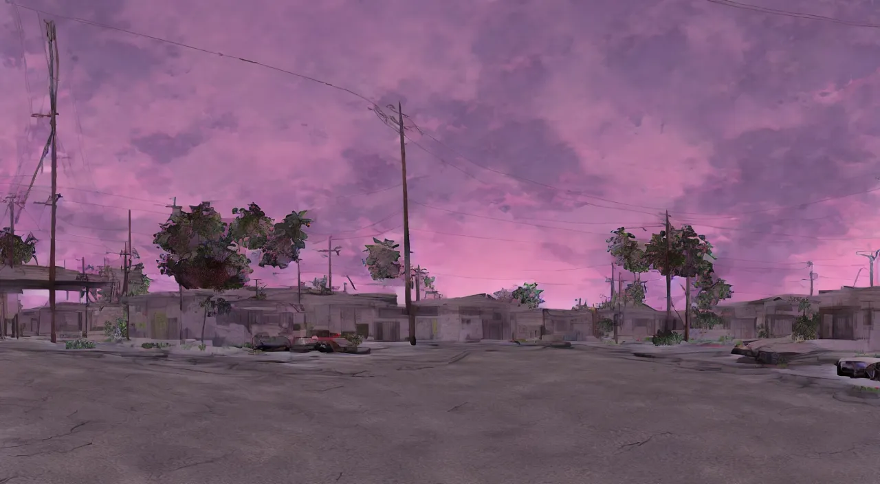 Image similar to hdr map of gta san andreas evening, pink sky, photorealistic, hyper detailed, hyper realistic, houdini, vfx, unreal engine 4, octane render, vray render, 8 k