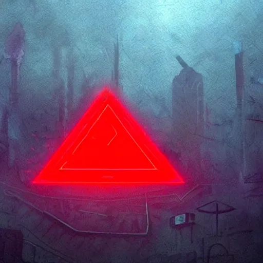 Image similar to silent hill foggy synthwave town ruins neon red and blue shadows dark scary giant evil scary red pyramid head covered in glowing runes lens flares shadow distortion cyberpunk splatterpunk 8 0 s nightmare