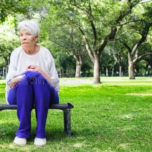 Image similar to an older woman sitting in a park wearing a thin translucent oxygen line under her nose, 4 k, stock photo