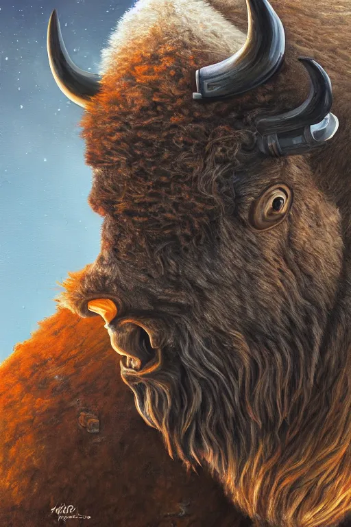 Image similar to bison astronaut, oil on canvas, intricate, portrait, 8 k highly professionally detailed, hdr, cgsociety