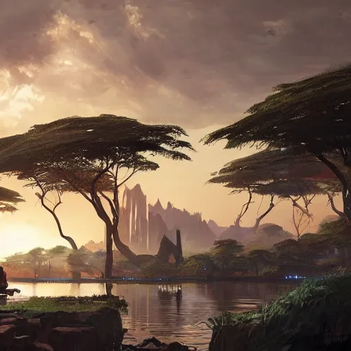 Image similar to Beautiful scenery of Wakanda, highly detailed, concept art, by Greg Rutkowski