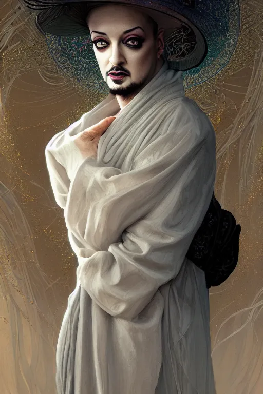 Image similar to portrait of boy george as dream of the endless, the sandman, grey clothes, in persian temple wet night, sci - fi and fantasy, intricate and very very beautiful and elegant, highly detailed, digital painting, artstation, concept art, smooth and sharp focus, illustration, art by tian zi and wlop and alphonse mucha