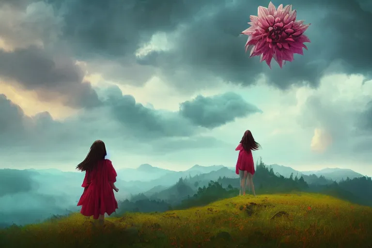 Image similar to face covered giant dahlia flower, girl on mountain, surreal photography, blue storm clouds, dramatic light, impressionist painting, digital painting, artstation, simon stalenhag