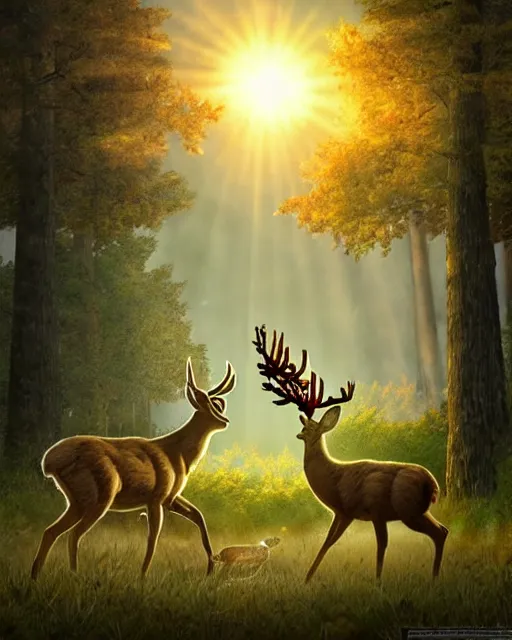 Image similar to a large potato shooting a deer in the woods with sun high above and cloudy, ultra realistic, concept art, intricate details, highly detailed