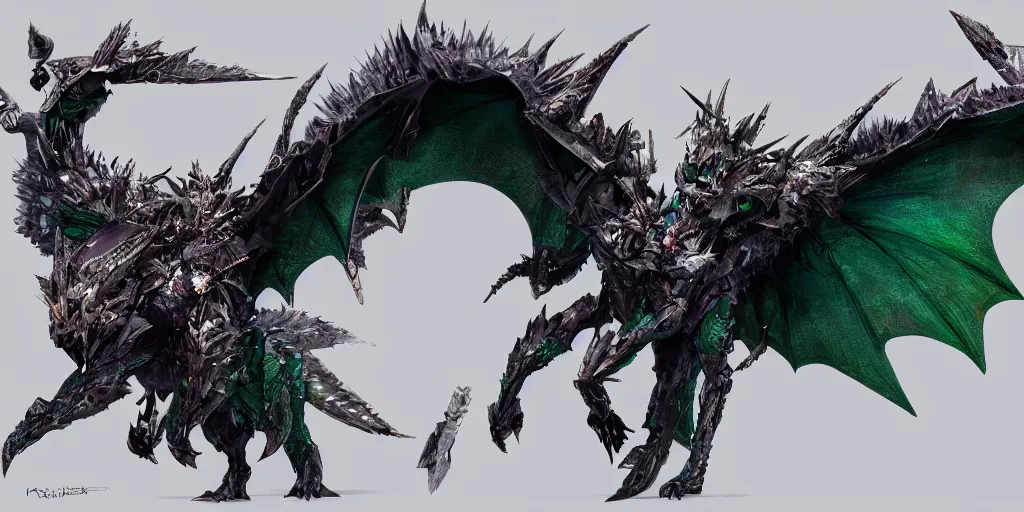 Image similar to Emerald four legged crystal bat, character design sheet, Monster Hunter Illustrations art book, big claws, sharp fangs, huge wings, long tail, iridescent scale patterns, cluster of crystals as spikes on its back, Moebius, Greg Rutkowski, Zabrocki, Karlkka, Jayison Devadas, Phuoc Quan, trending on Artstation, 8K, ultra wide angle, zenith view, pincushion lens effect.