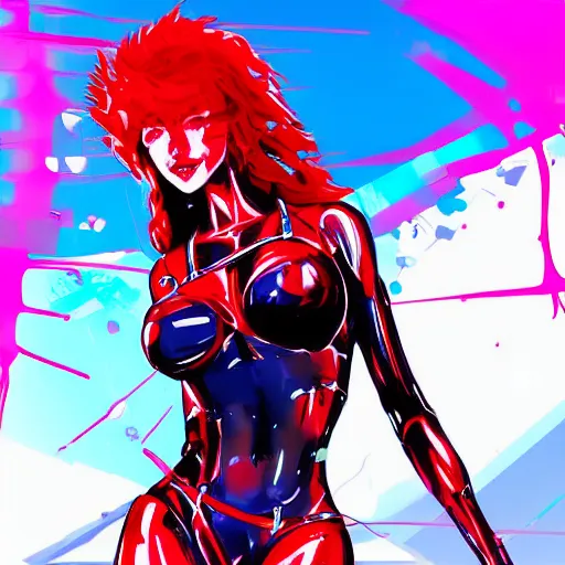 Image similar to cybertronic woman with scarlet red hair and curvacious body at the beach, yoji shinkawa influences, digital painting, synthwave, anime influences