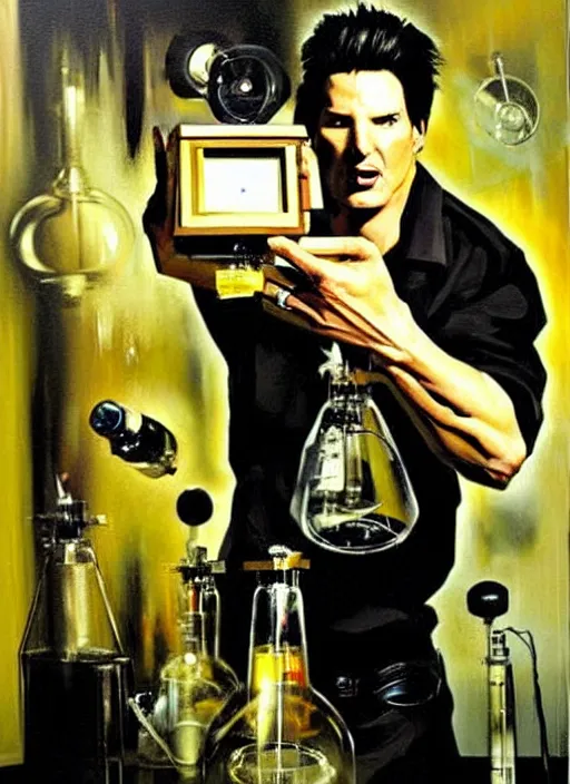 Image similar to zak bagans holding scientific equipment, enraged, painting by phil hale, 'action lines'!!!, graphic style, visible brushstrokes, motion blur, blurry