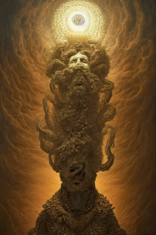 Prompt: Intricate stunning highly detailed deity by agostino arrivabene and Vladimir Kush, surreal sculpture, ultra realistic, Horror vacui, dramatic lighting, full moon, thick black swirling smoke tornado, burning fire embers, artstation