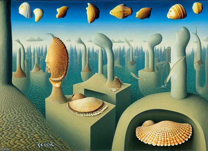 Image similar to a city with fish citizens inside the seashell, by jacek yerka by magritte, surrealistic painting, masterpiece, oil painting, sharp focus, highly detailed, intricate, smooth, 8 k,