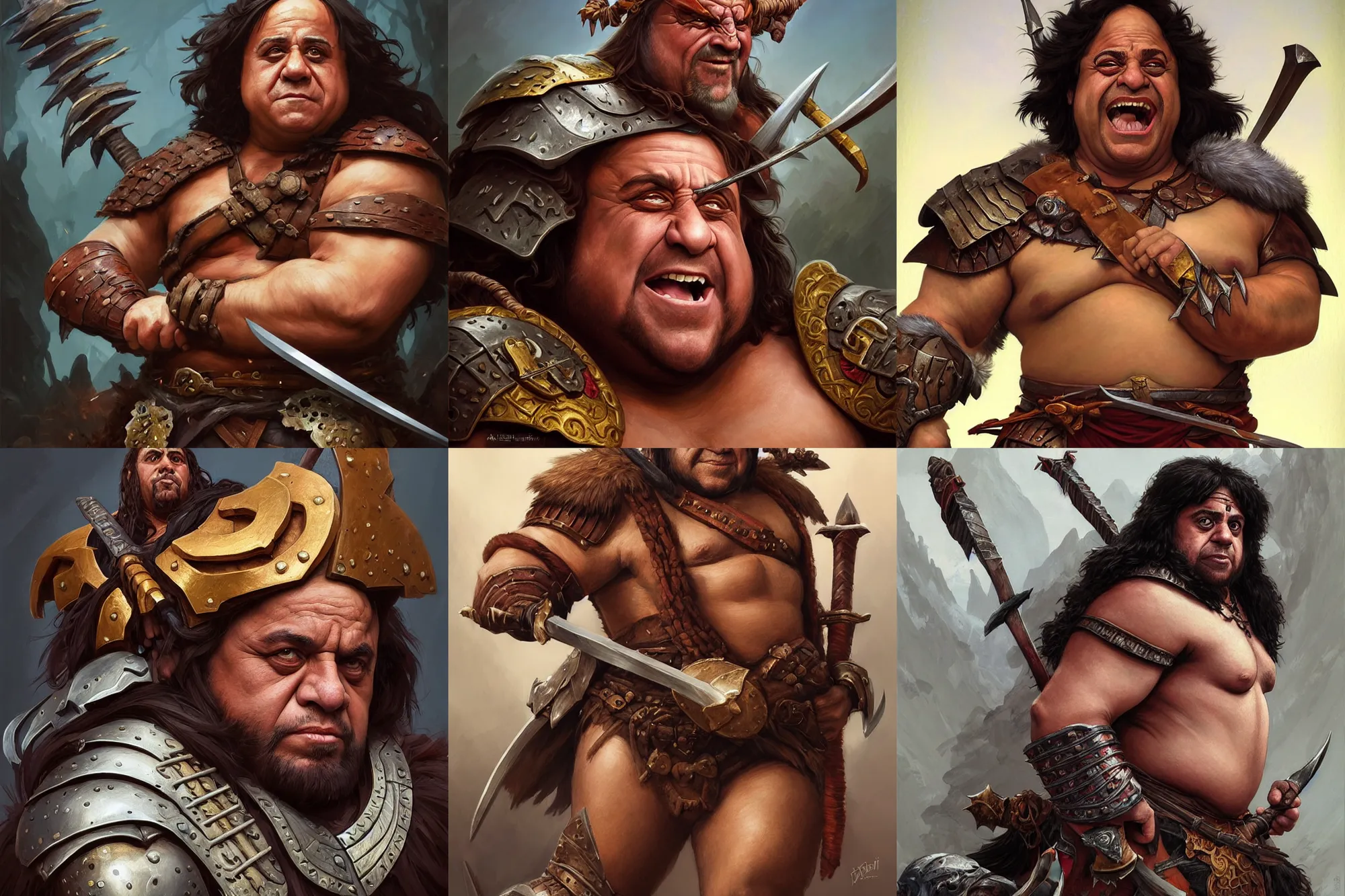 Prompt: “portrait of danny devito the barbarian warrior, painted fantasy character portrait, D&D, highly detailed, digital painting, artstation, concept art, sharp focus, smooth, illustration, art by artgerm and greg rutkowski and alphonse mucha and craig mullins and James Jean and Andrei Riabovitchev and Marc Simonetti and peter mohrbacher”