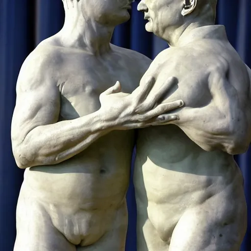 Image similar to marble statue of viktor orban and vladimir putin hugging