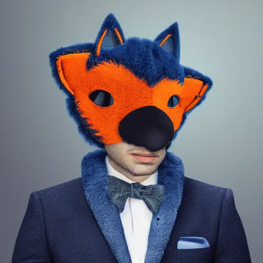 Image similar to Young man wearing an orange-gala-fox-mask, darkblue suit and had a fluffy foxtail, digital art, detailed